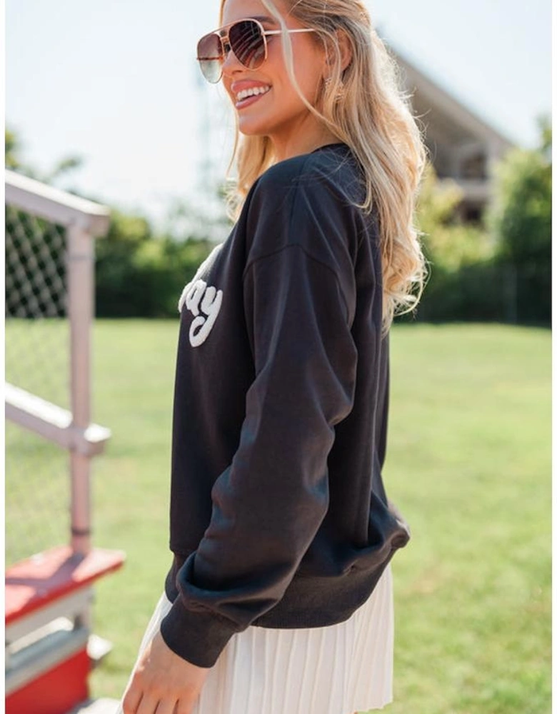 Black Chenille Game Day Graphic Drop Shoulder Sweatshirt