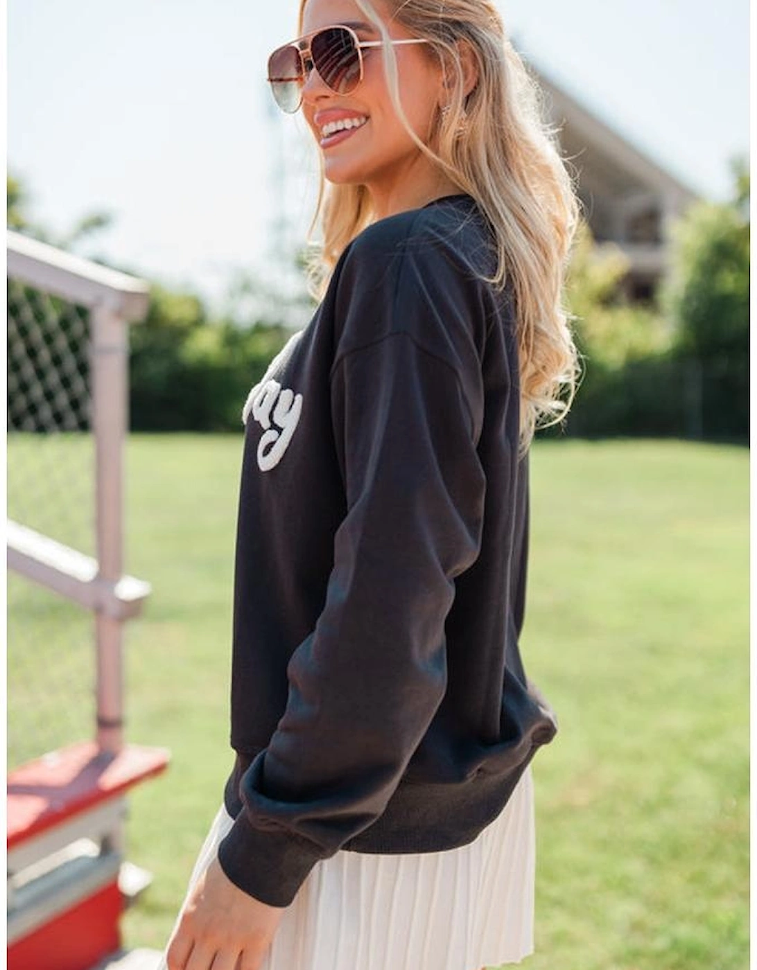 Black Chenille Game Day Graphic Drop Shoulder Sweatshirt