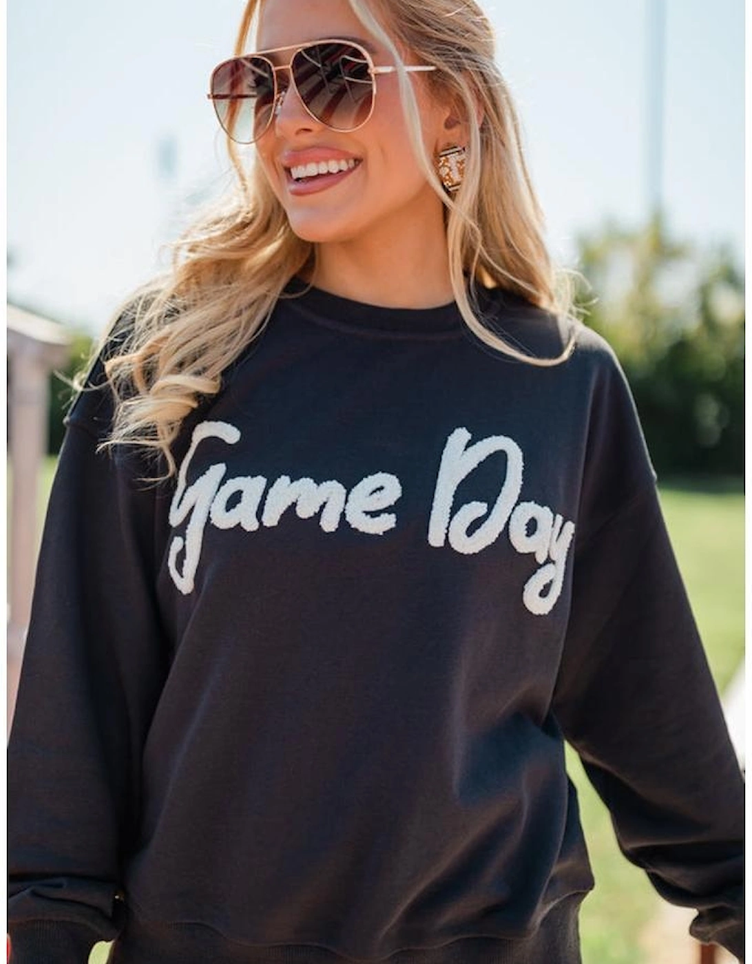 Black Chenille Game Day Graphic Drop Shoulder Sweatshirt