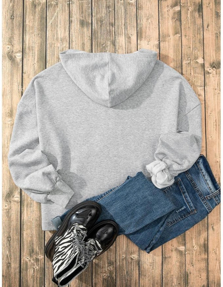 Light Grey Fleece Lined Half Zipper Kangaroo Pockets Loose Hoodie