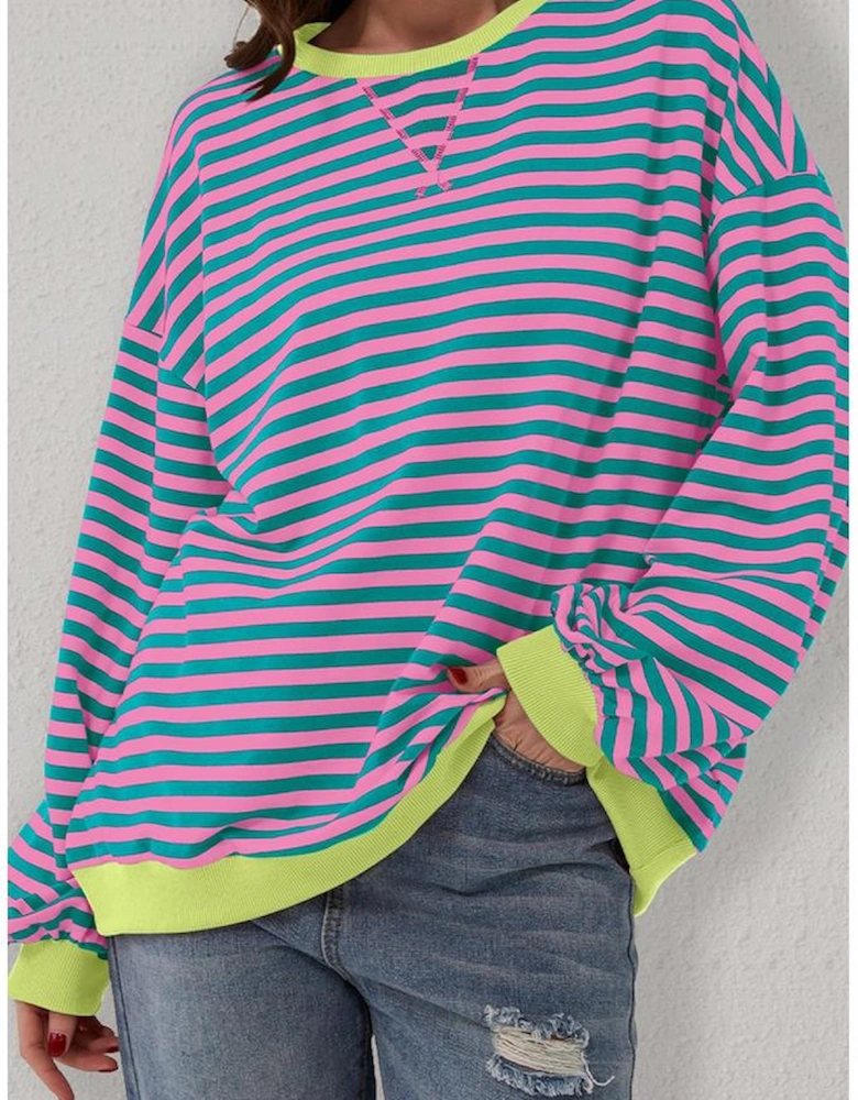 Green Stripe Oversized Contrast Trim Pullover Sweatshirt