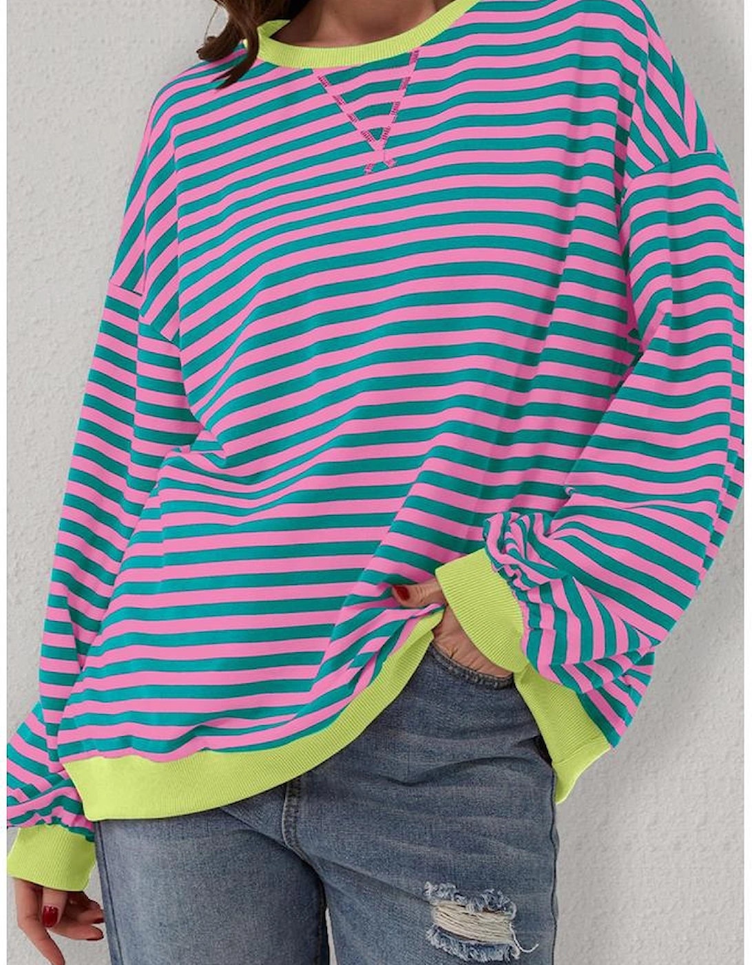 Green Stripe Oversized Contrast Trim Pullover Sweatshirt