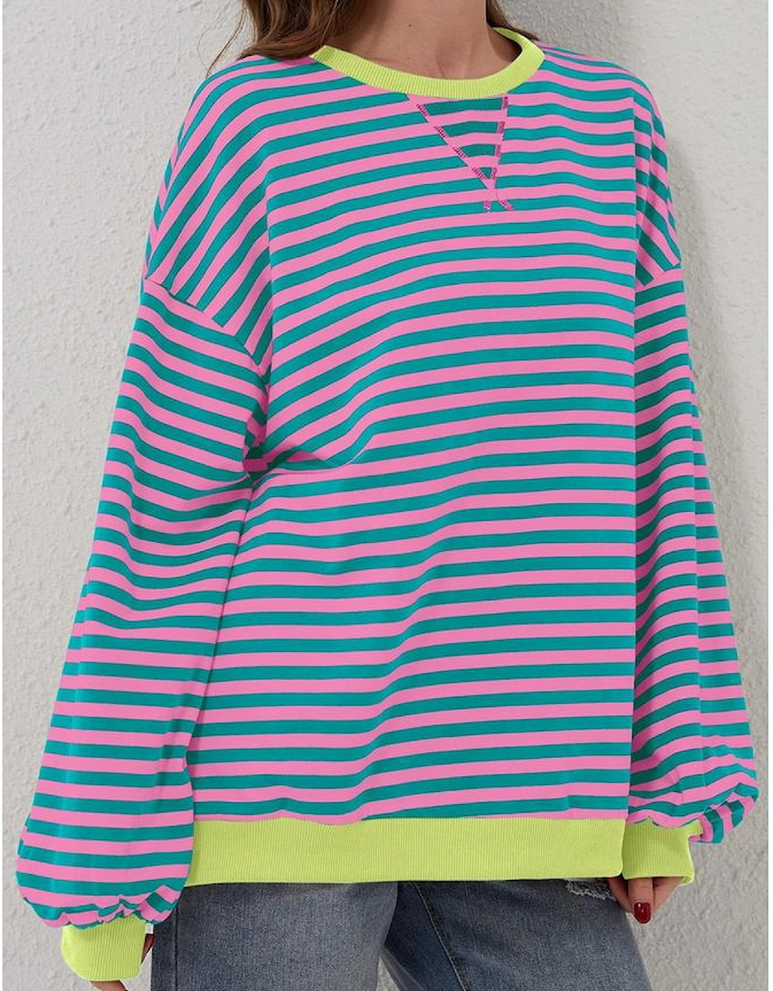 Green Stripe Oversized Contrast Trim Pullover Sweatshirt