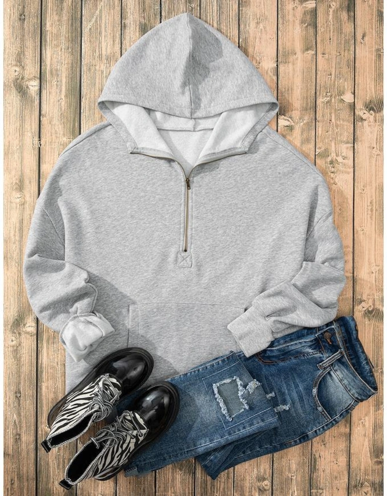 Light Grey Fleece Lined Half Zipper Kangaroo Pockets Loose Hoodie