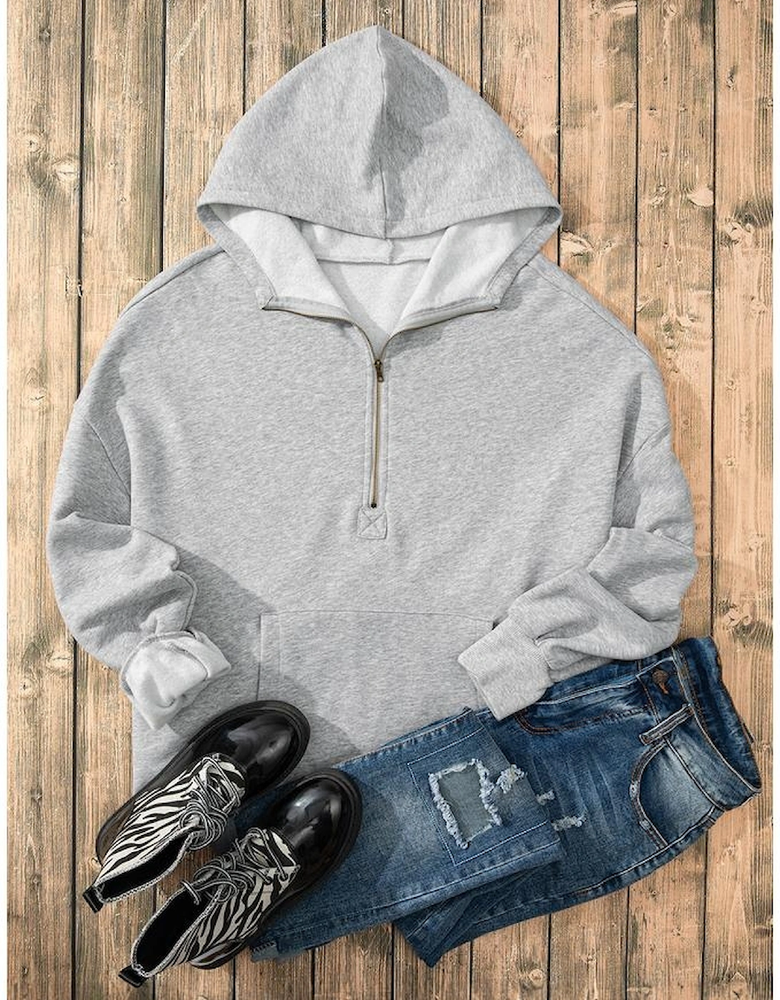 Light Grey Fleece Lined Half Zipper Kangaroo Pockets Loose Hoodie
