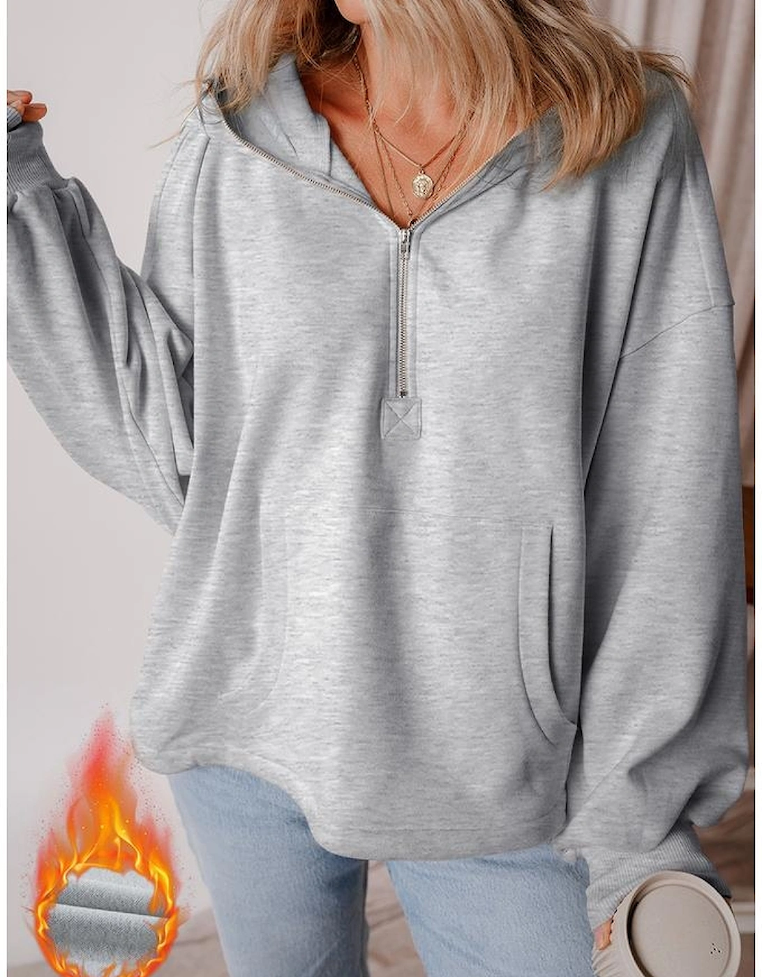 Light Grey Fleece Lined Half Zipper Kangaroo Pockets Loose Hoodie