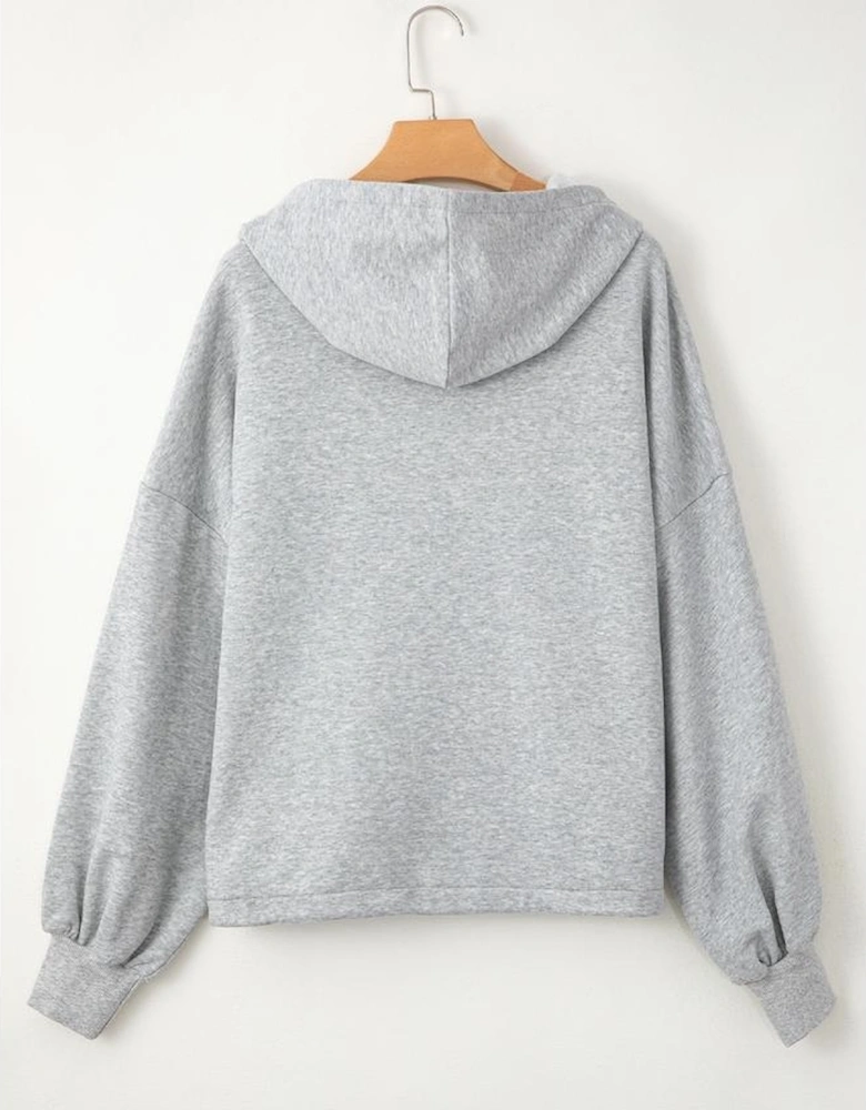 Light Grey Fleece Lined Half Zipper Kangaroo Pockets Loose Hoodie