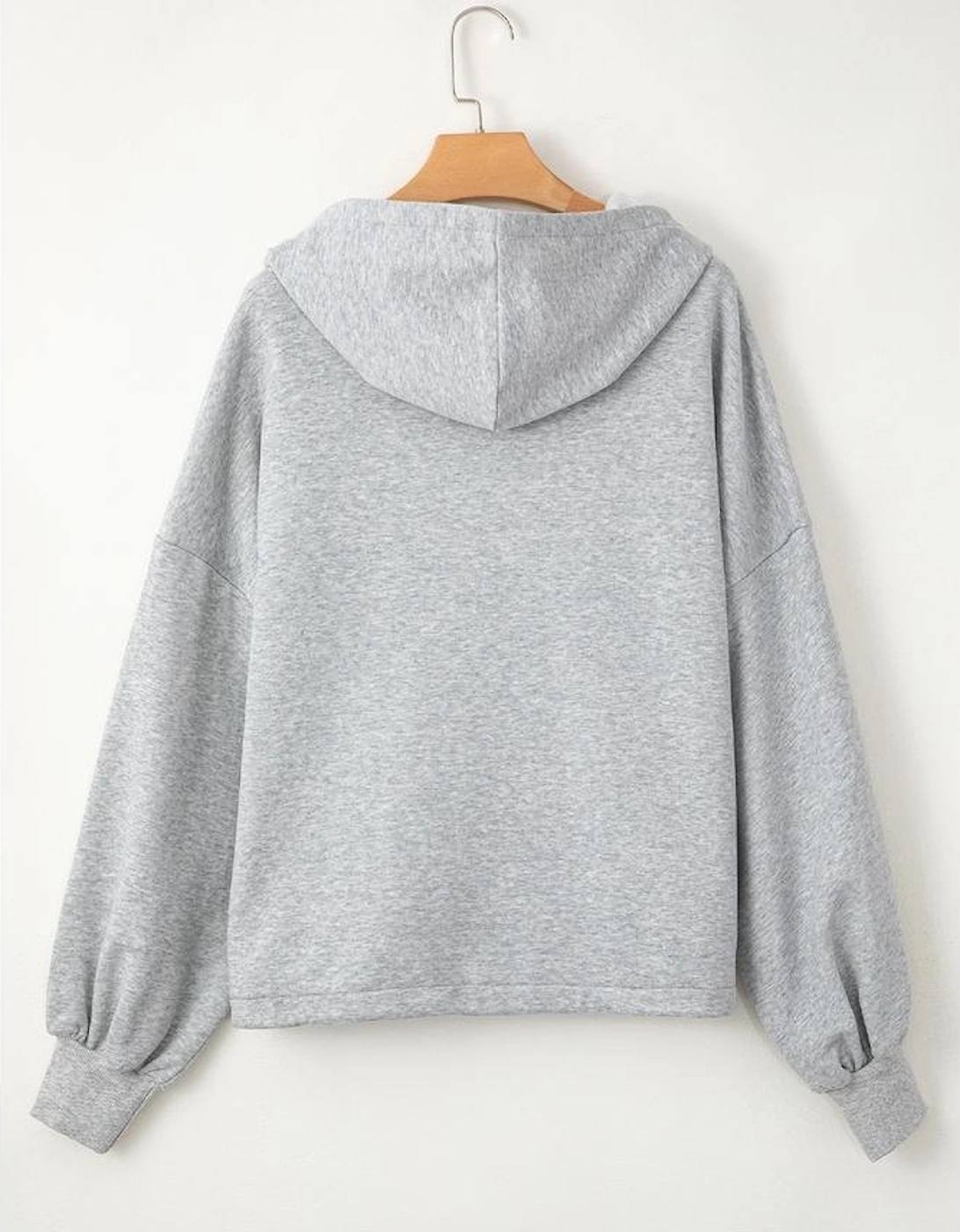Light Grey Fleece Lined Half Zipper Kangaroo Pockets Loose Hoodie