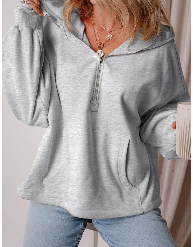 Light Grey Fleece Lined Half Zipper Kangaroo Pockets Loose Hoodie
