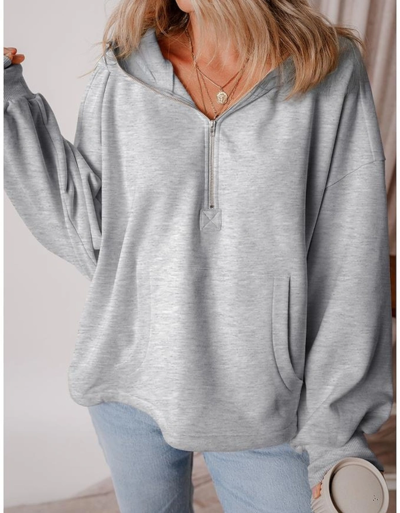 Light Grey Fleece Lined Half Zipper Kangaroo Pockets Loose Hoodie