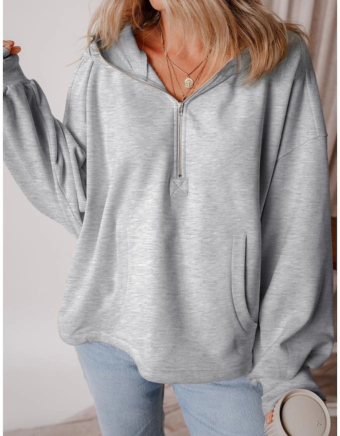 Light Grey Fleece Lined Half Zipper Kangaroo Pockets Loose Hoodie