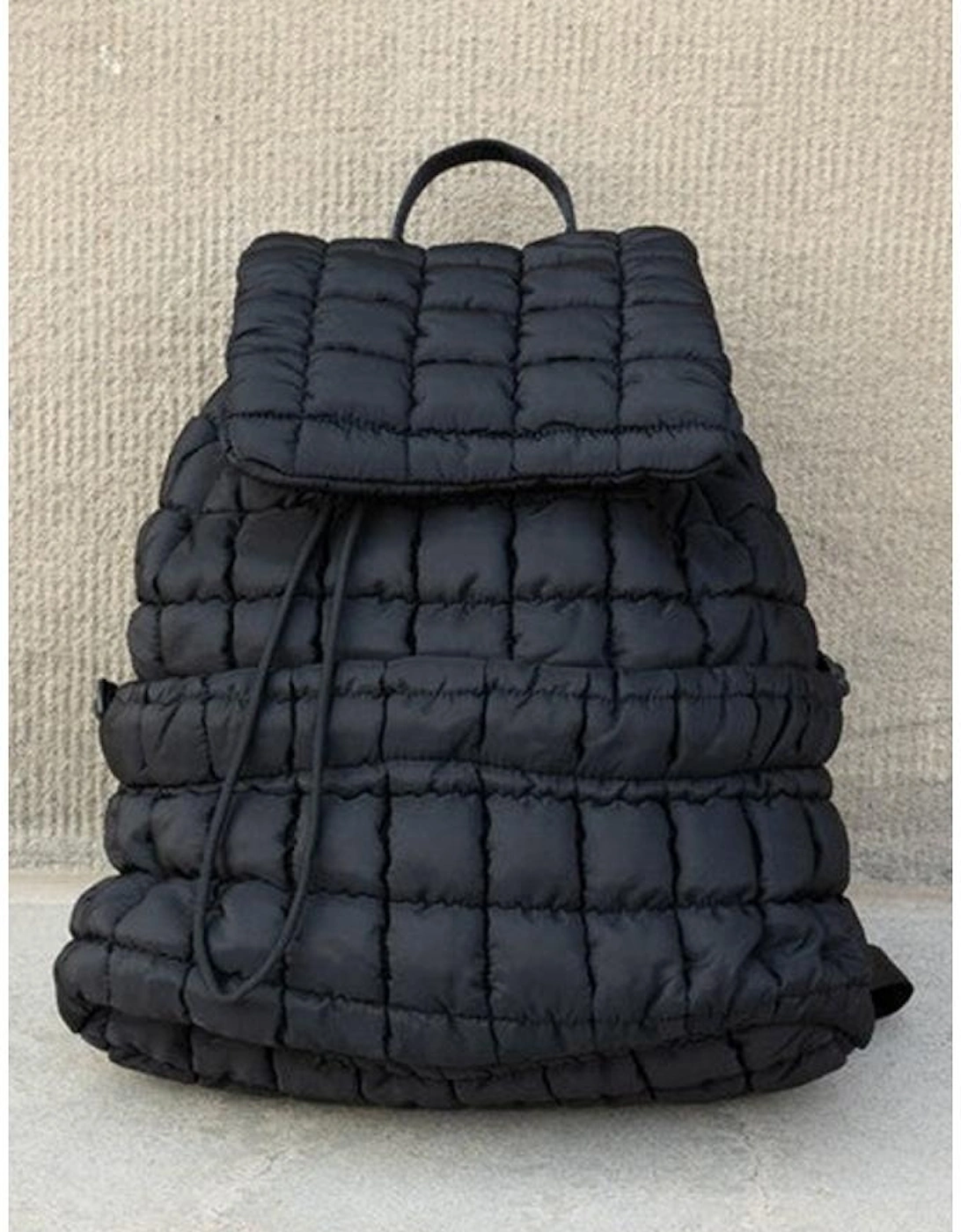 Black Solid Flapped Quilted Puffer Backpack, 7 of 6