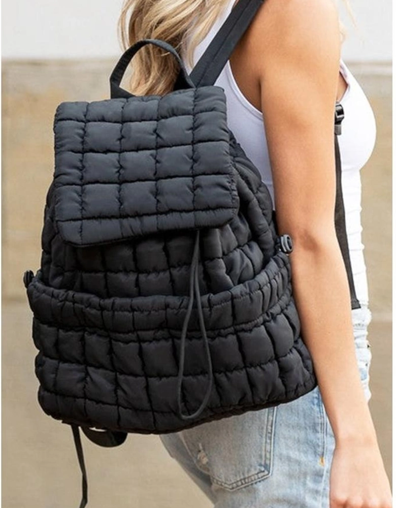 Black Solid Flapped Quilted Puffer Backpack
