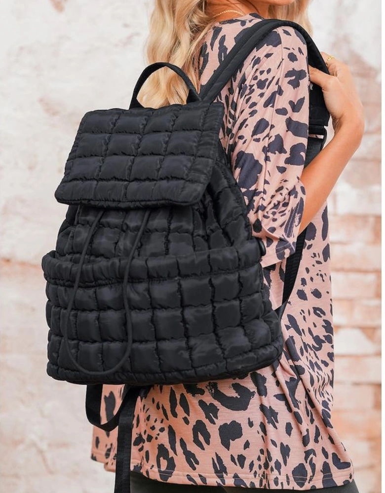 Black Solid Flapped Quilted Puffer Backpack