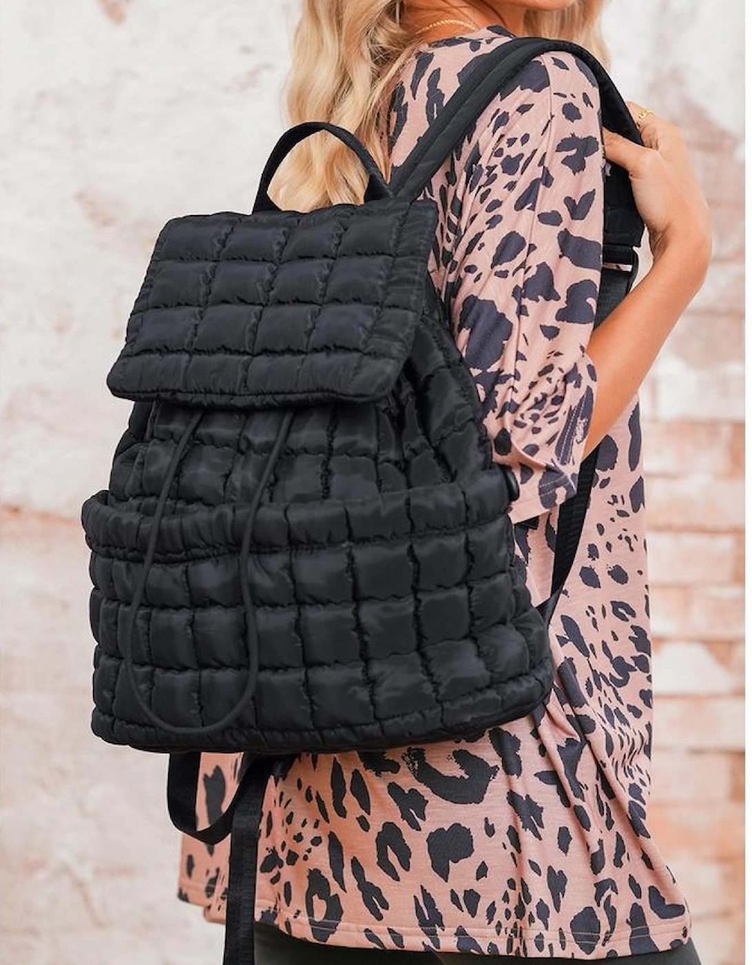 Black Solid Flapped Quilted Puffer Backpack