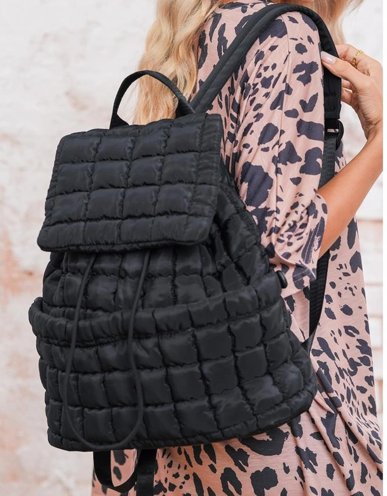 Black Solid Flapped Quilted Puffer Backpack
