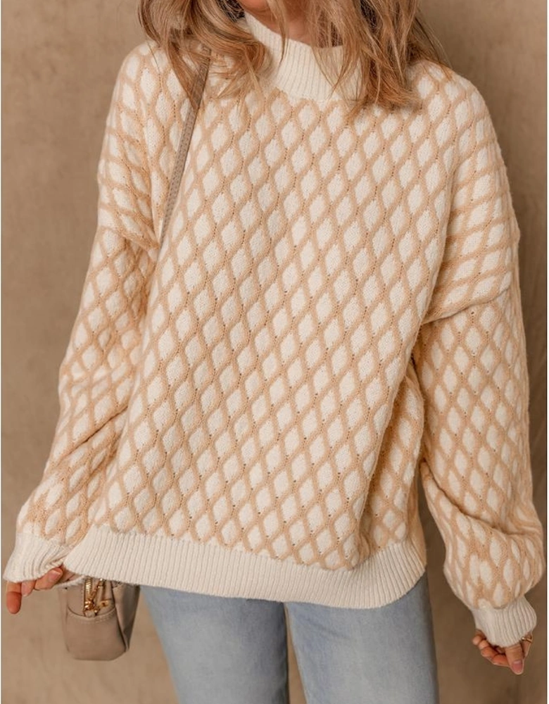 Smoke Gray Rhombus Textured Knit Mock Neck Sweater