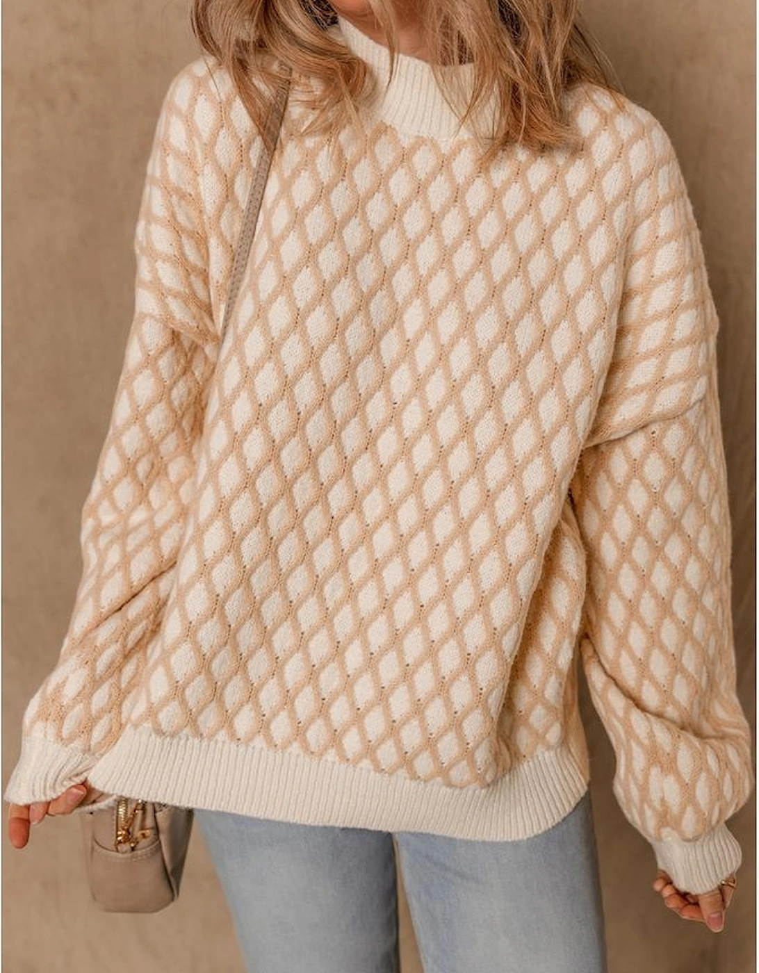 Smoke Gray Rhombus Textured Knit Mock Neck Sweater, 12 of 11