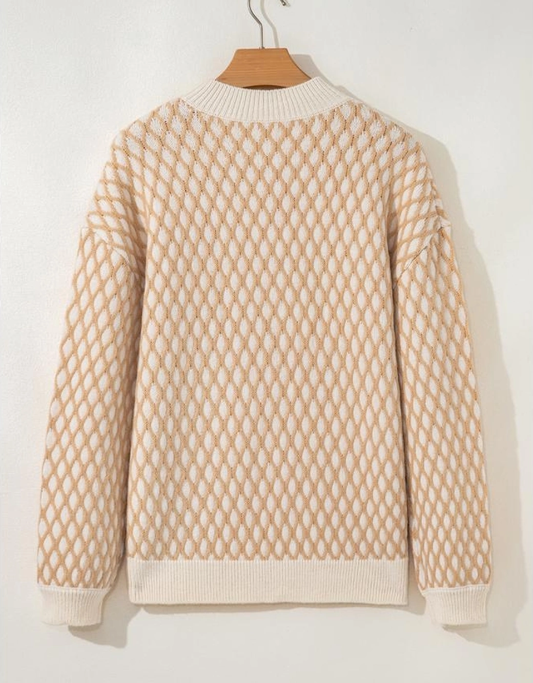 Smoke Gray Rhombus Textured Knit Mock Neck Sweater