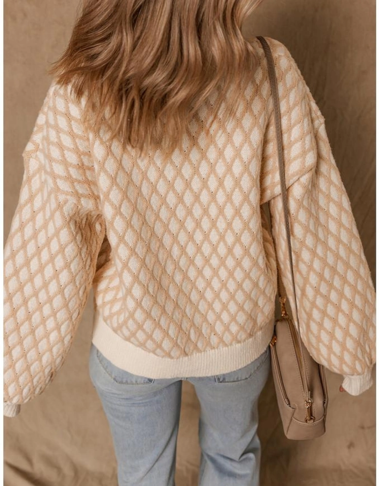 Smoke Gray Rhombus Textured Knit Mock Neck Sweater