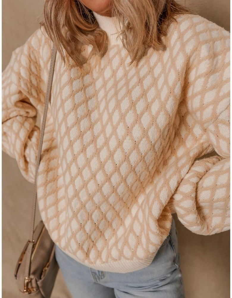 Smoke Gray Rhombus Textured Knit Mock Neck Sweater