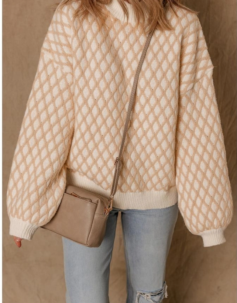 Smoke Gray Rhombus Textured Knit Mock Neck Sweater