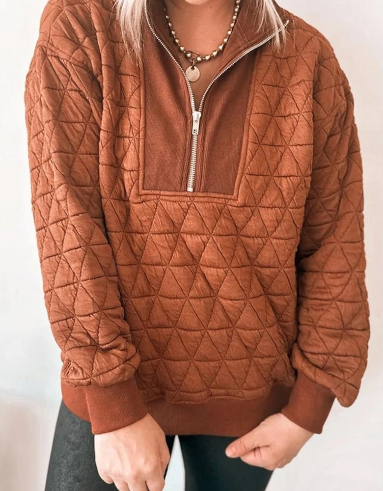 Straw Yellow Geometric Quilted Half Zipped Loose Sweatshirt