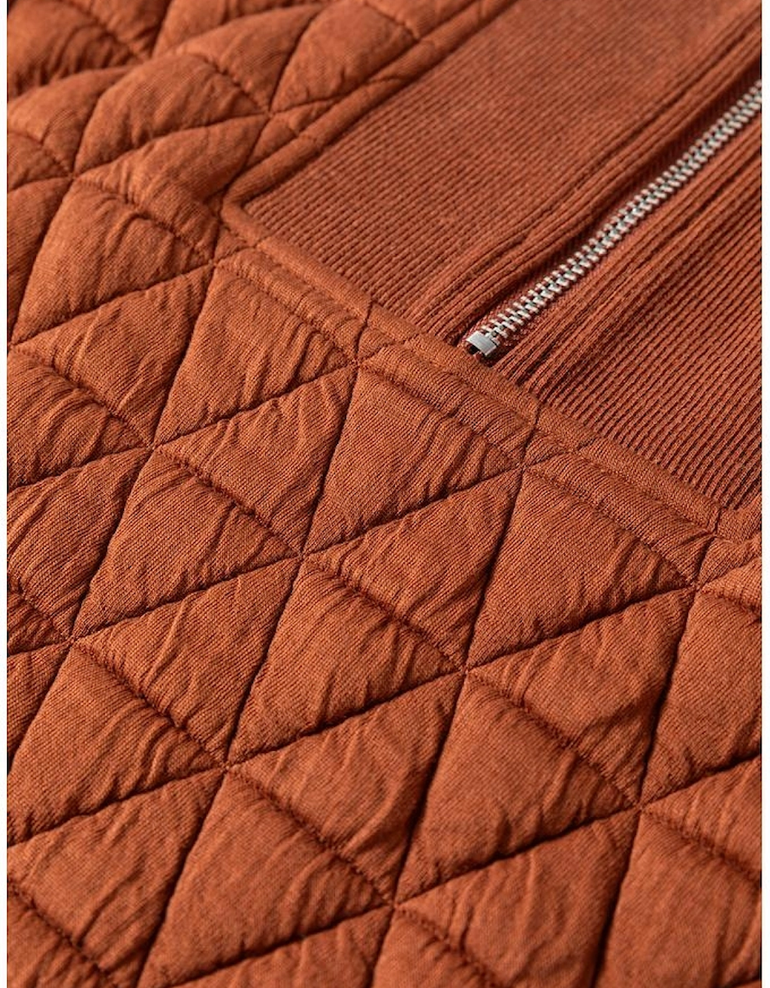 Straw Yellow Geometric Quilted Half Zipped Loose Sweatshirt