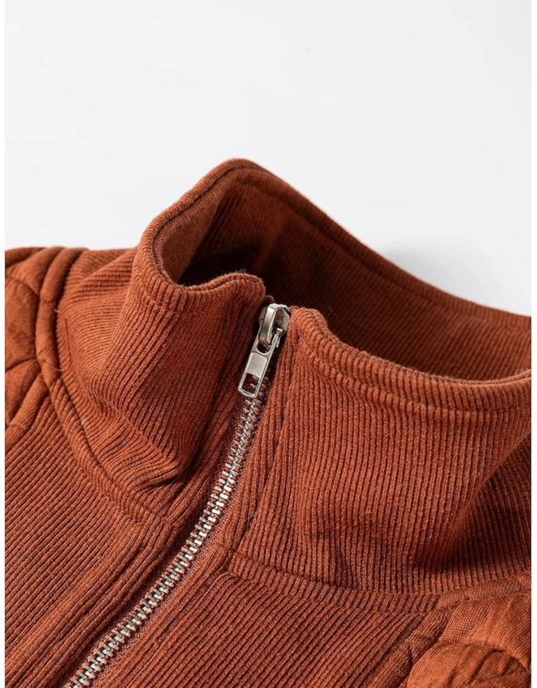 Straw Yellow Geometric Quilted Half Zipped Loose Sweatshirt