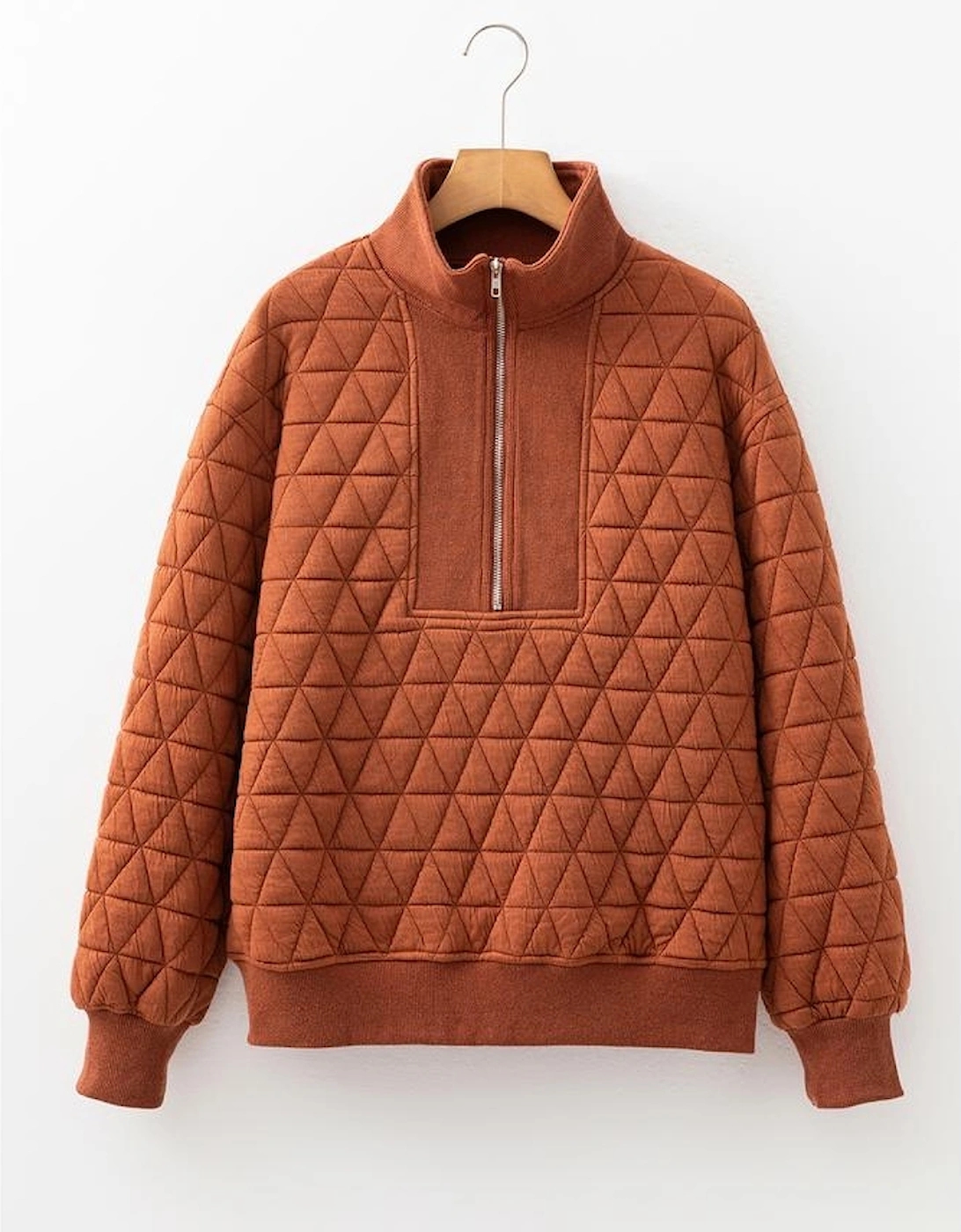 Straw Yellow Geometric Quilted Half Zipped Loose Sweatshirt