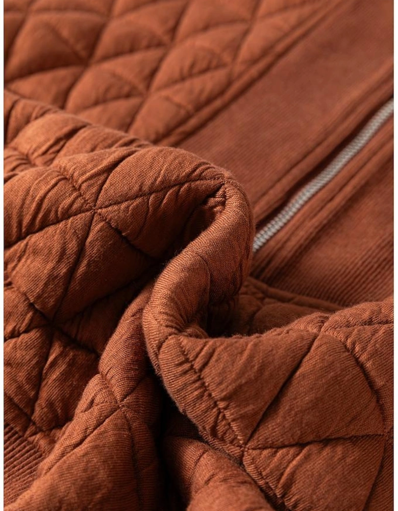 Straw Yellow Geometric Quilted Half Zipped Loose Sweatshirt