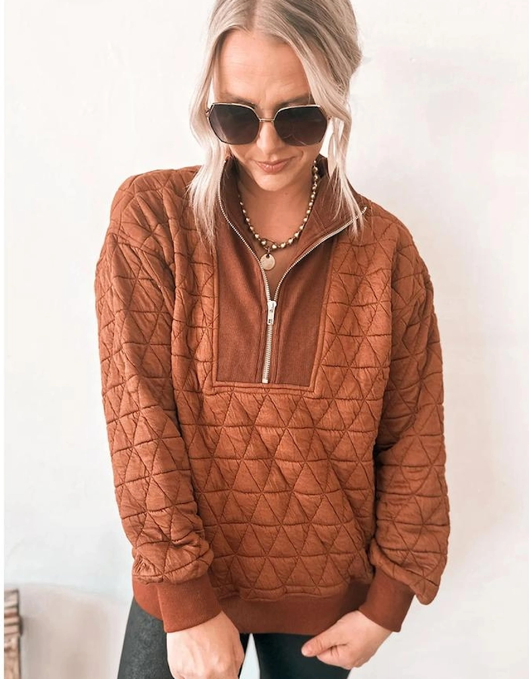 Straw Yellow Geometric Quilted Half Zipped Loose Sweatshirt