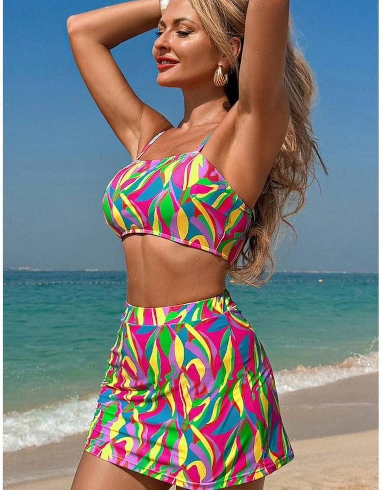 Multicolour Abstract Print Textured Spaghetti Strap High Waist Bikini Set