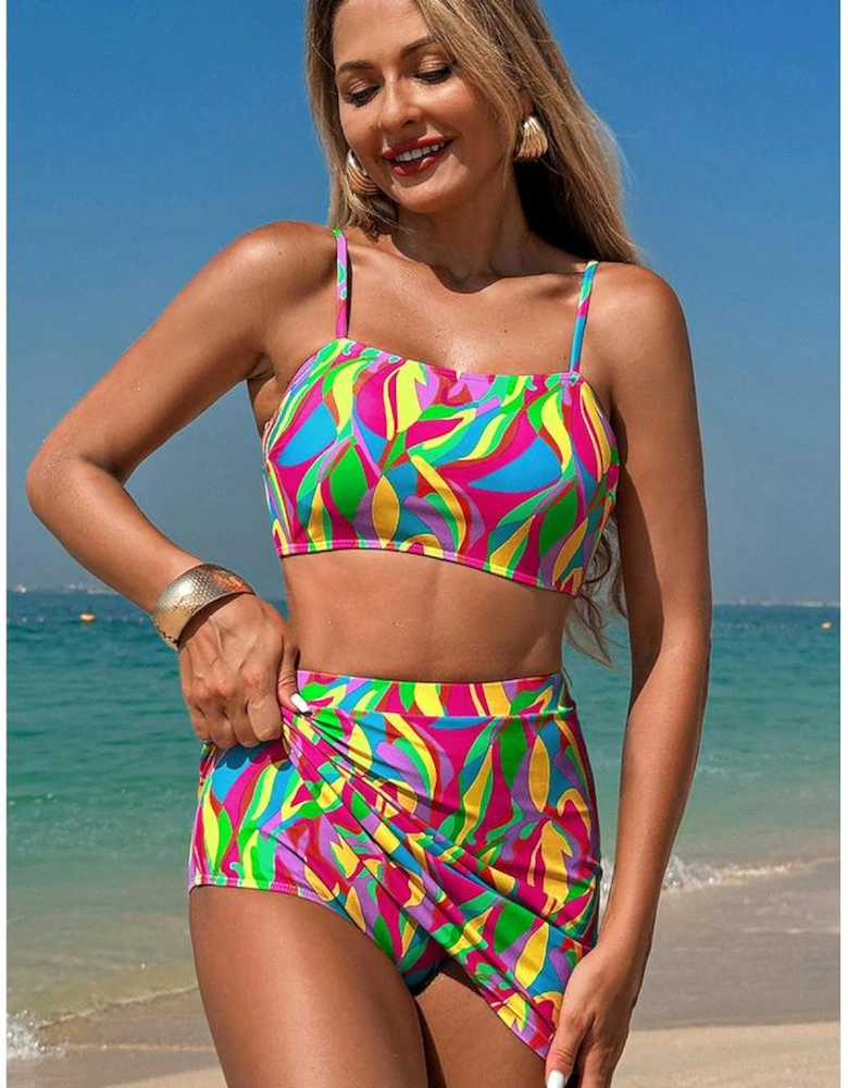 Multicolour Abstract Print Textured Spaghetti Strap High Waist Bikini Set