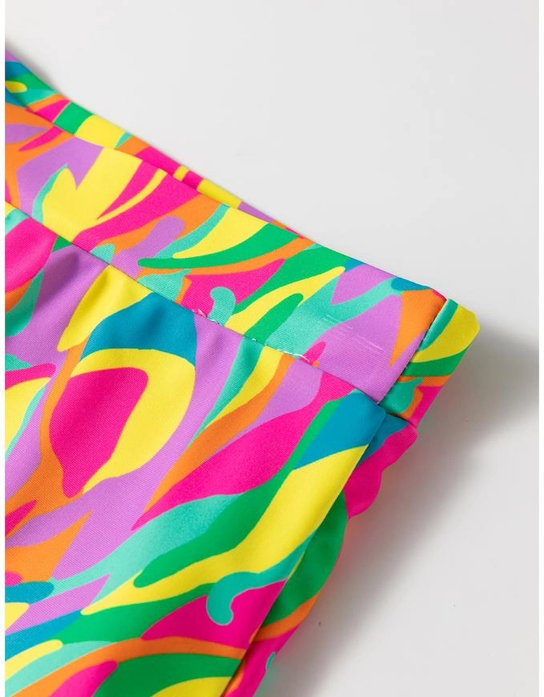 Multicolour Abstract Print Textured Spaghetti Strap High Waist Bikini Set