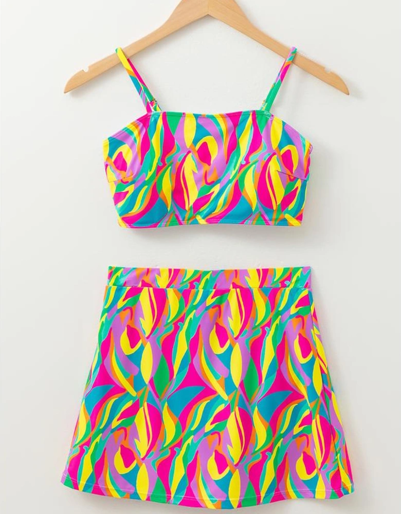 Multicolour Abstract Print Textured Spaghetti Strap High Waist Bikini Set