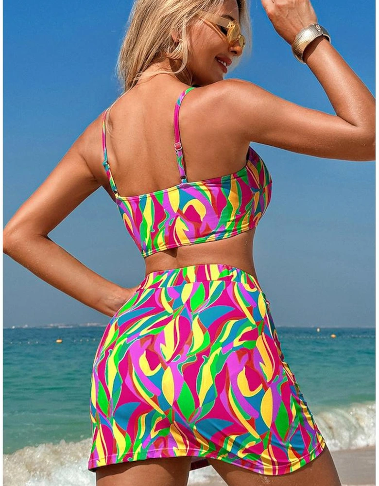 Multicolour Abstract Print Textured Spaghetti Strap High Waist Bikini Set