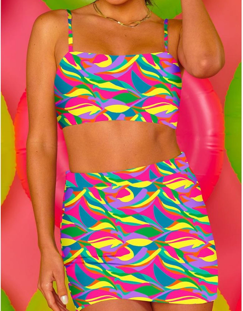 Multicolour Abstract Print Textured Spaghetti Strap High Waist Bikini Set