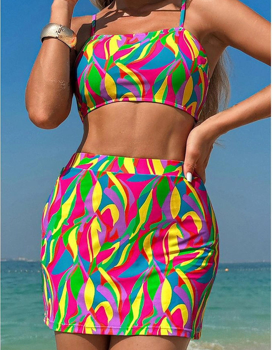 Multicolour Abstract Print Textured Spaghetti Strap High Waist Bikini Set