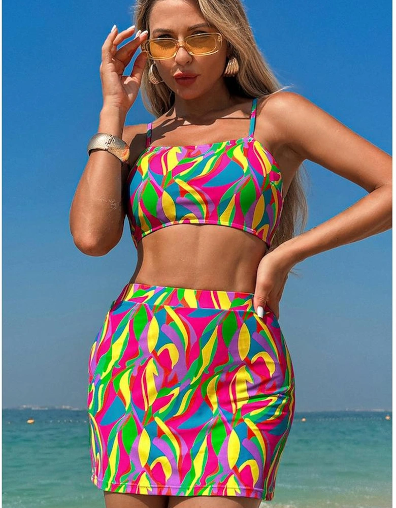 Multicolour Abstract Print Textured Spaghetti Strap High Waist Bikini Set