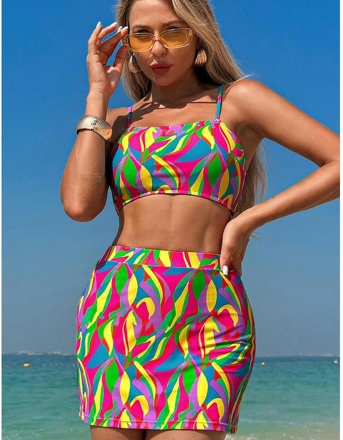Multicolour Abstract Print Textured Spaghetti Strap High Waist Bikini Set