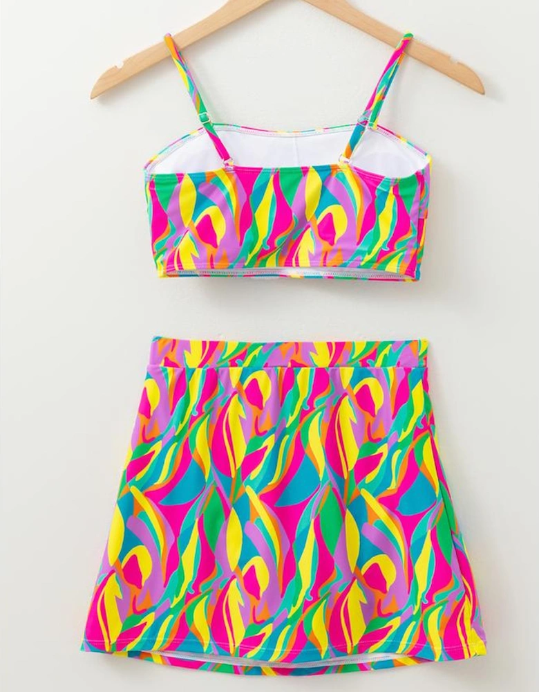 Multicolour Abstract Print Textured Spaghetti Strap High Waist Bikini Set