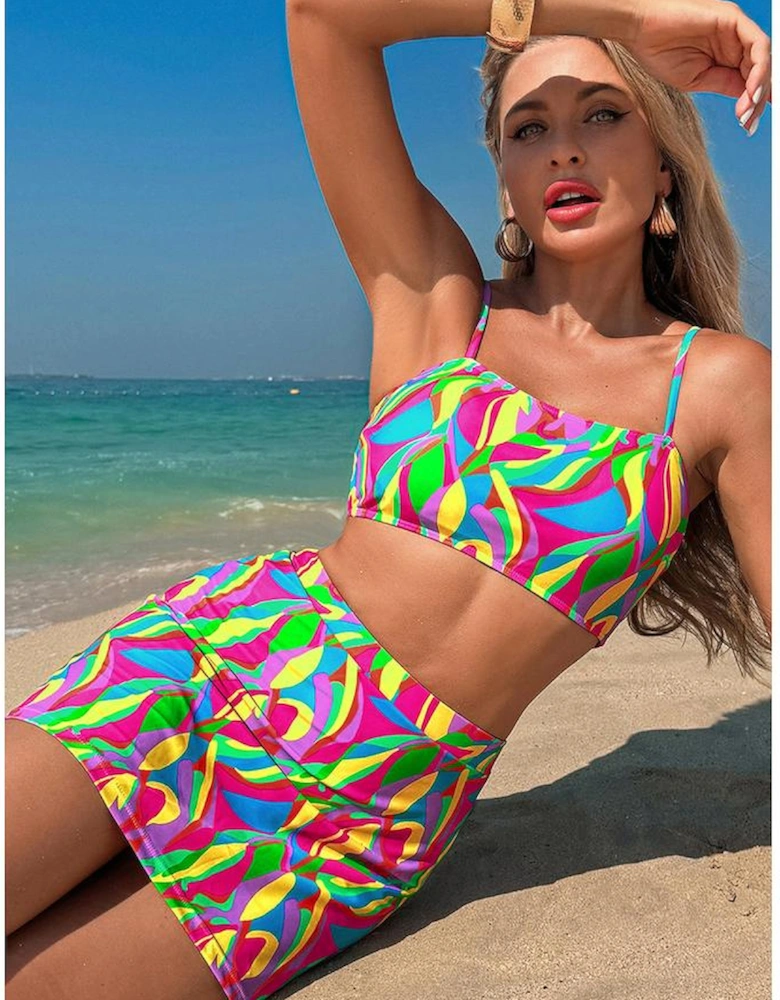 Multicolour Abstract Print Textured Spaghetti Strap High Waist Bikini Set