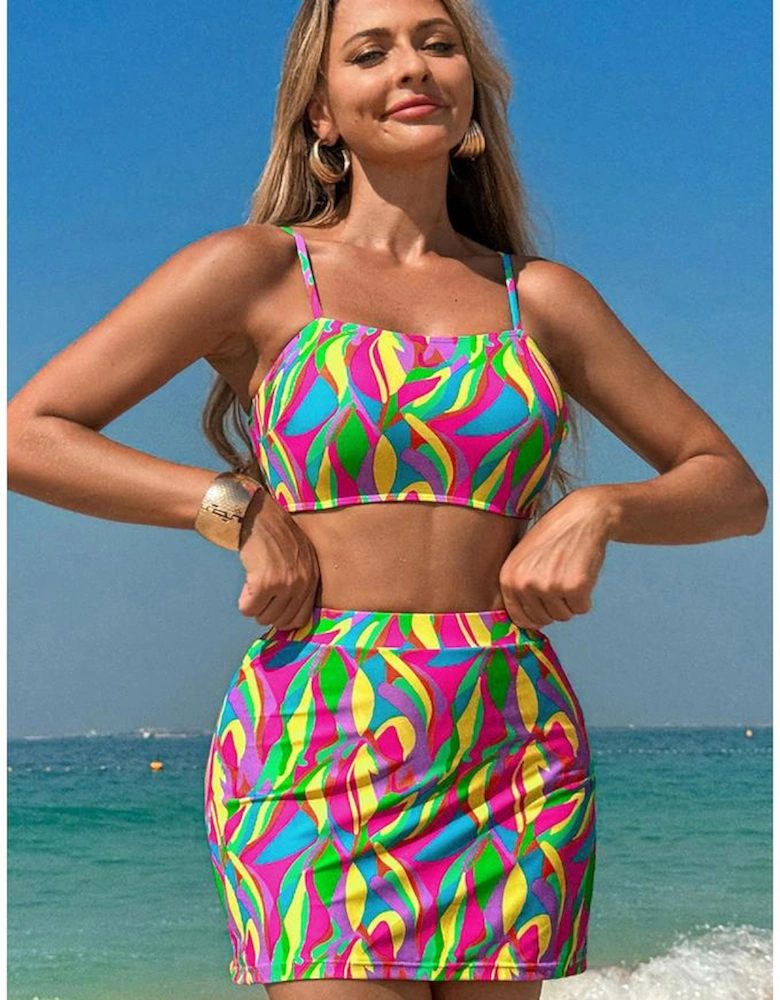 Multicolour Abstract Print Textured Spaghetti Strap High Waist Bikini Set
