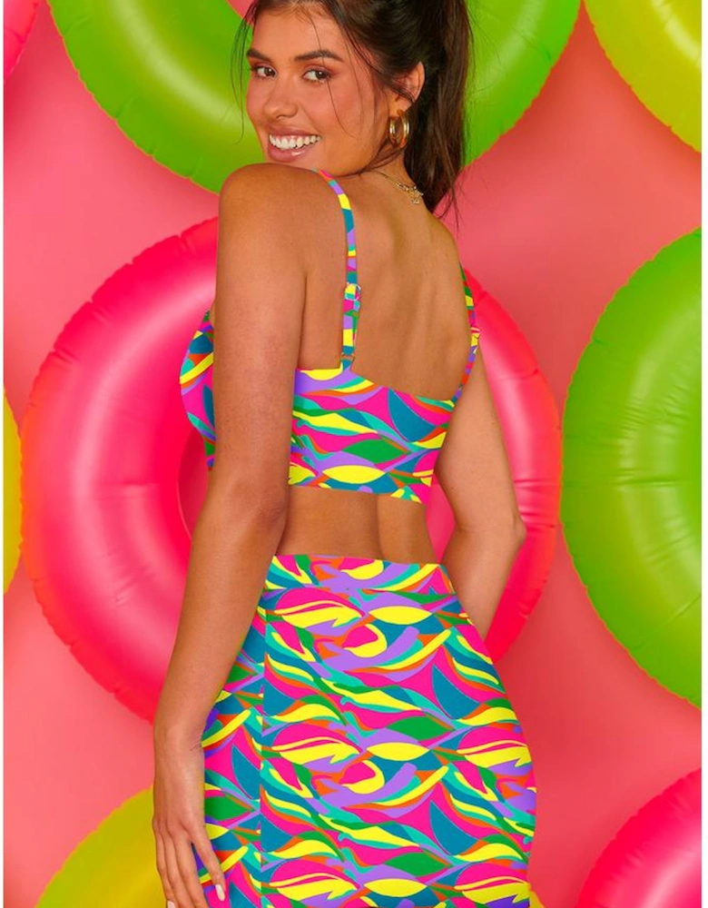 Multicolour Abstract Print Textured Spaghetti Strap High Waist Bikini Set