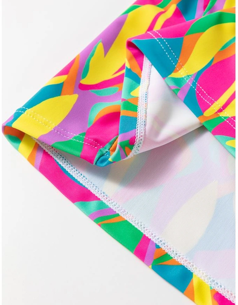 Multicolour Abstract Print Textured Spaghetti Strap High Waist Bikini Set