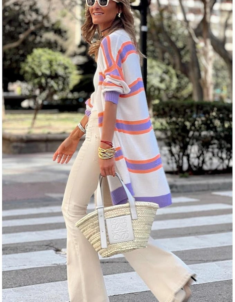 Beige Striped Long Sleeve Ribbed Trim Button Cardigan