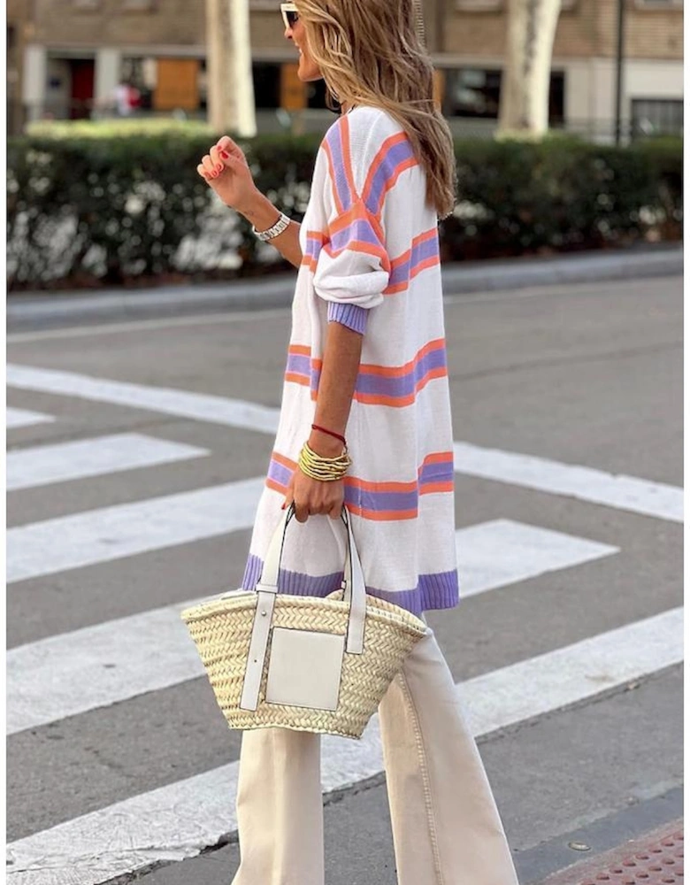 Beige Striped Long Sleeve Ribbed Trim Button Cardigan