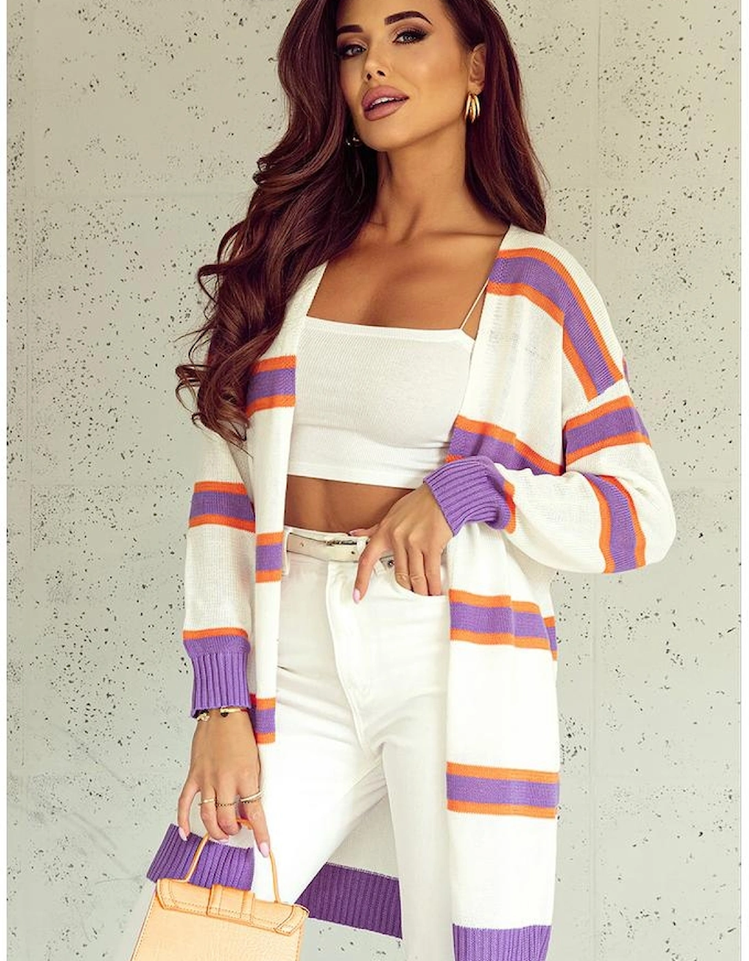 Beige Striped Long Sleeve Ribbed Trim Button Cardigan