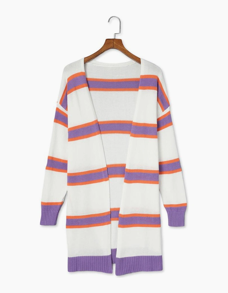 Beige Striped Long Sleeve Ribbed Trim Button Cardigan